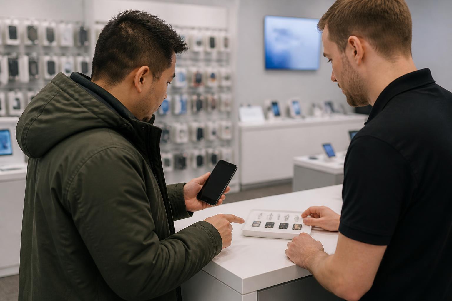 A customer checking a phone line at a wireless-service shop.