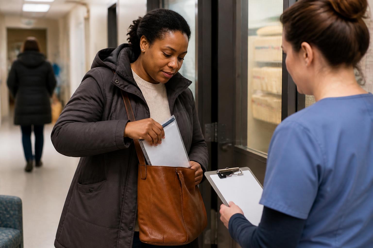 A patient requesting billing records in a clinic hallway.