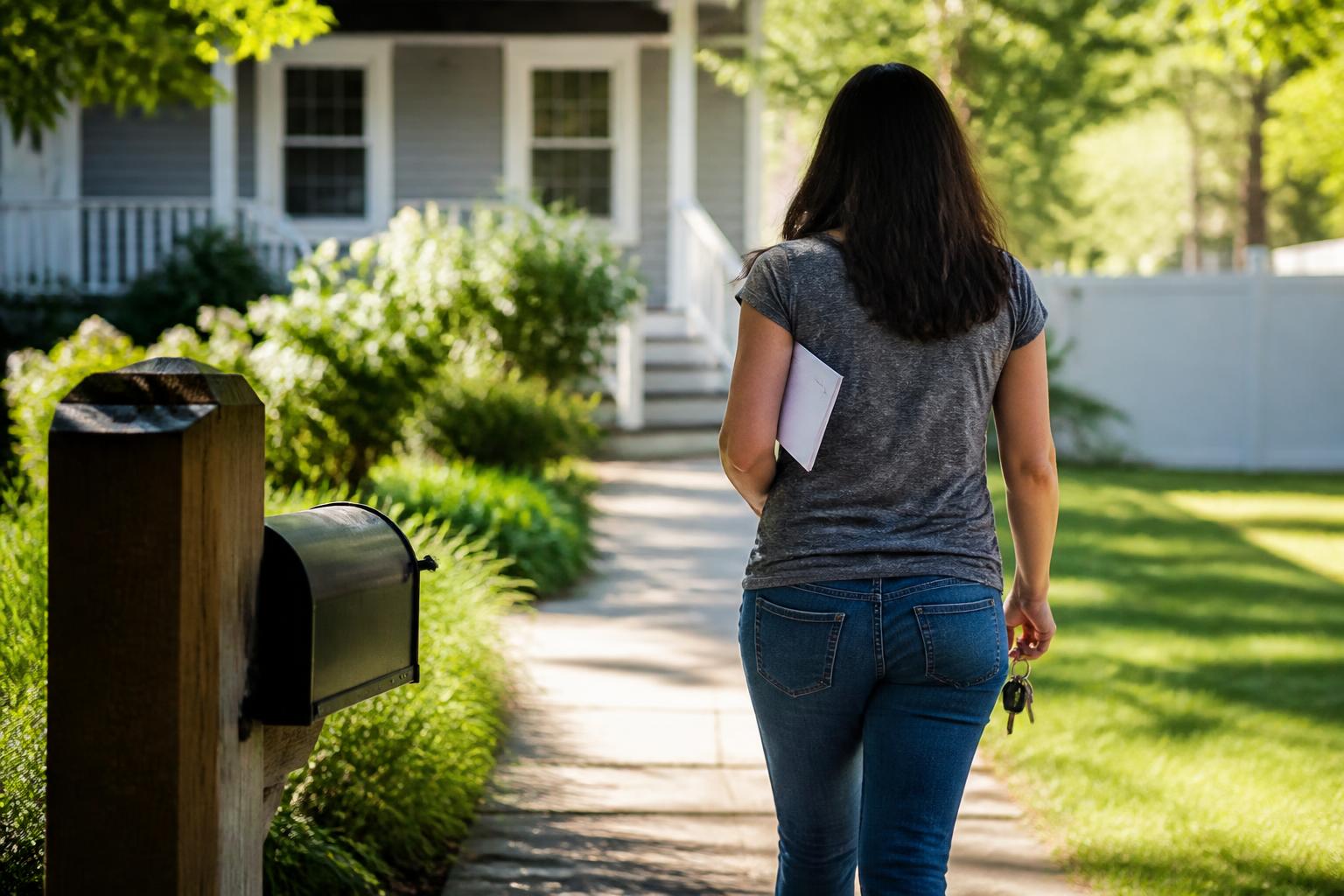 A homeowner walking from a mailbox with sealed mortgage mail.