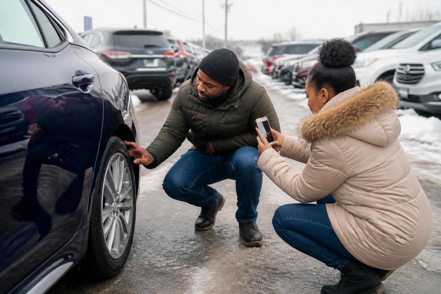 A buyer inspecting tire wear at a used-car lot.