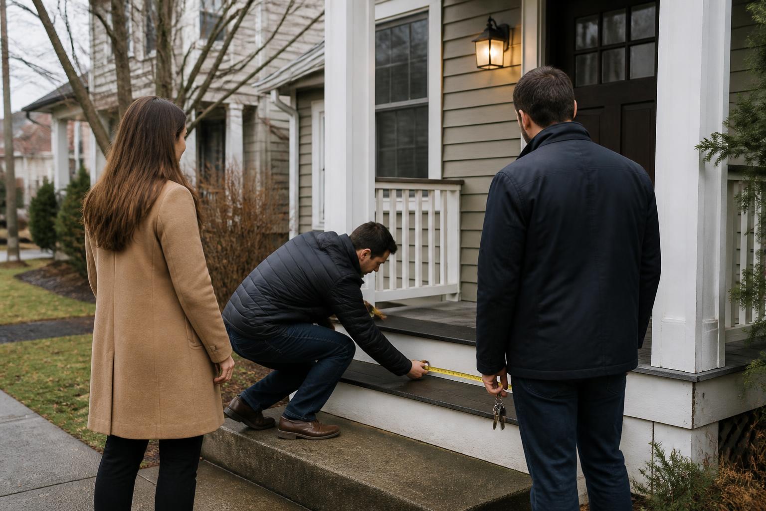 Homebuyers measuring a porch step before setting a payment range.