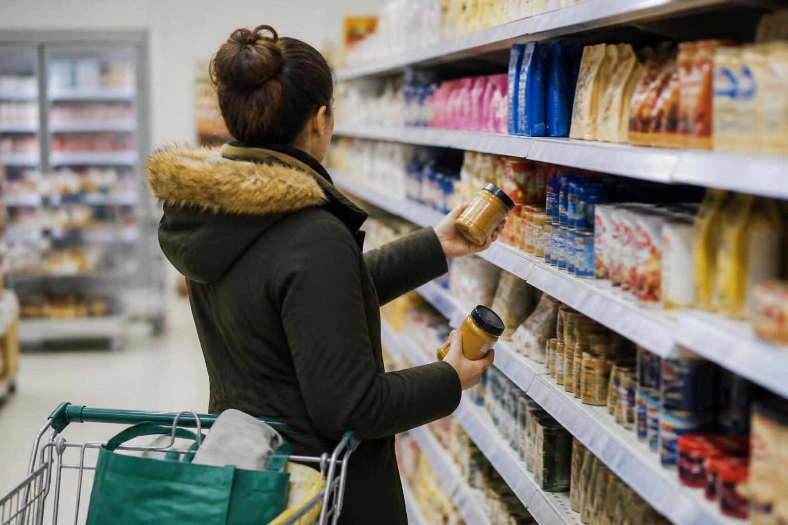 A shopper comparing pantry staples in a supermarket aisle.