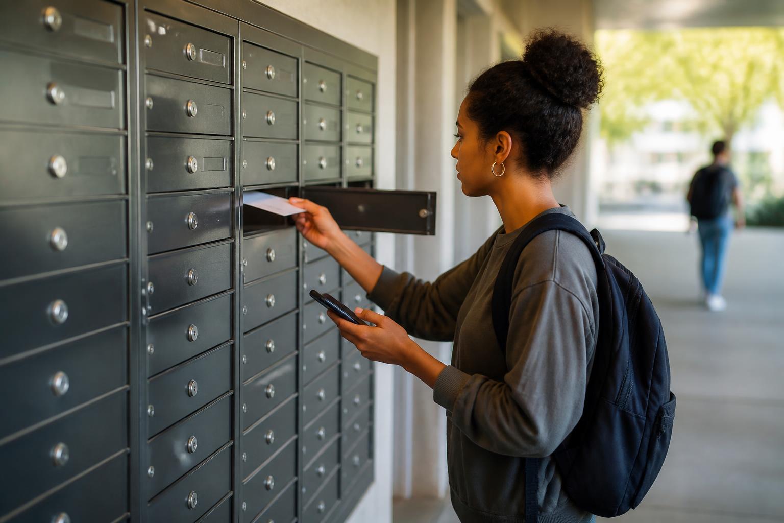 A borrower checking campus mail while setting a loan reminder.