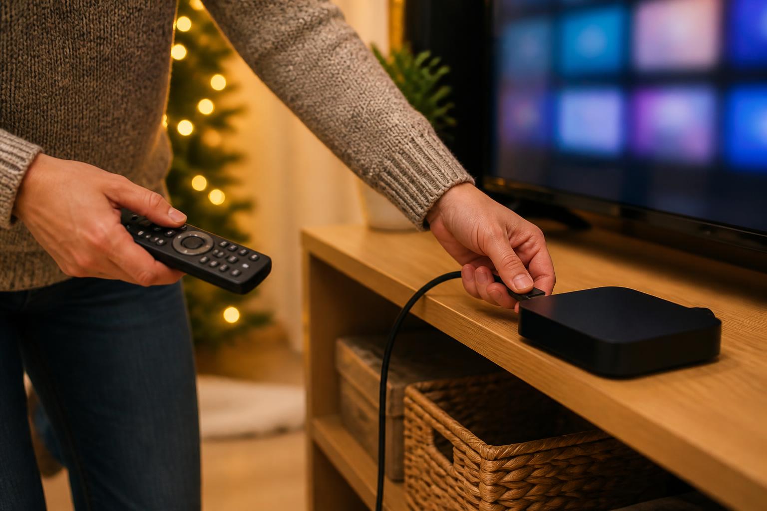 A person unplugging an unused streaming device during a subscription audit.