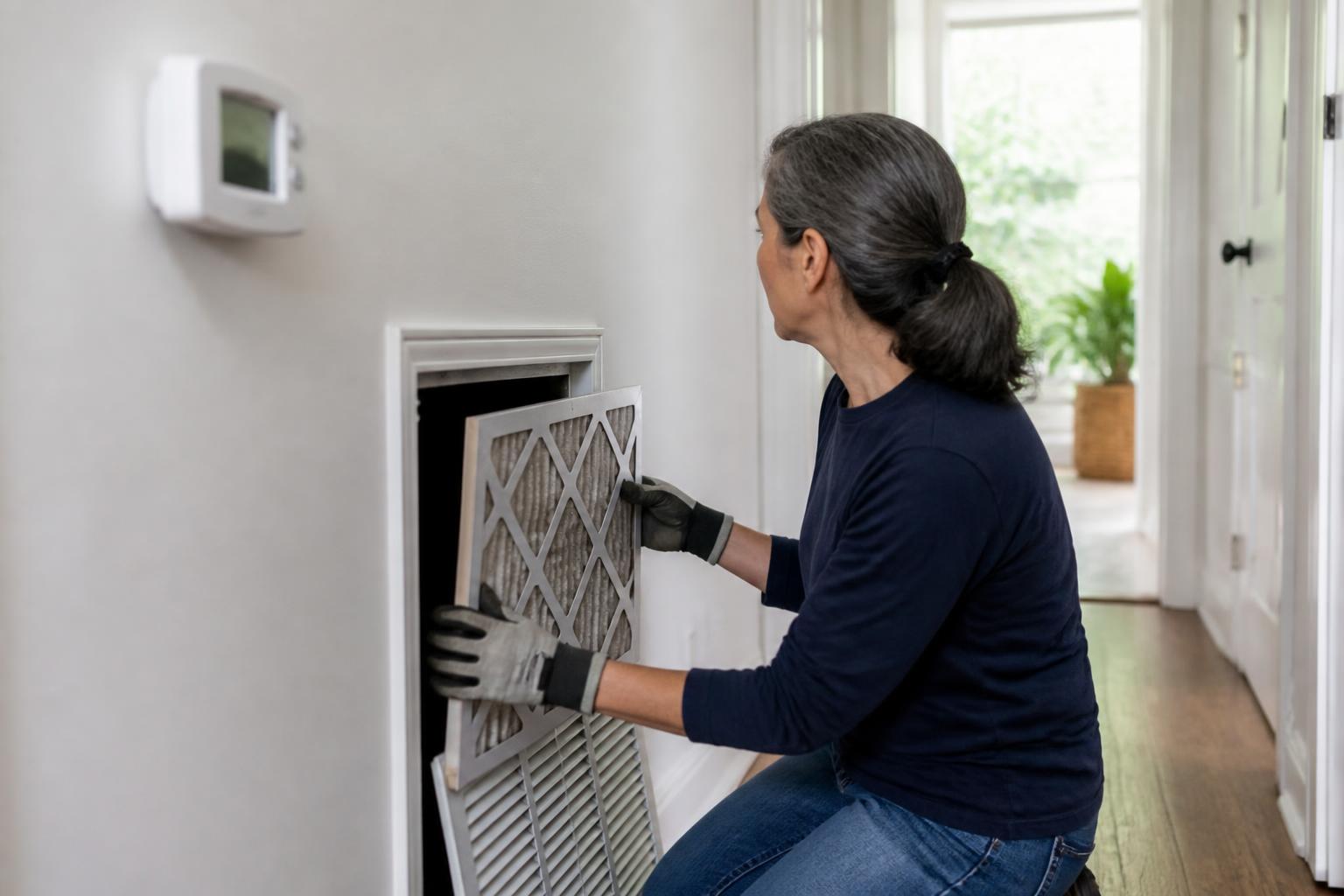 A homeowner replacing an air filter during a utility review.