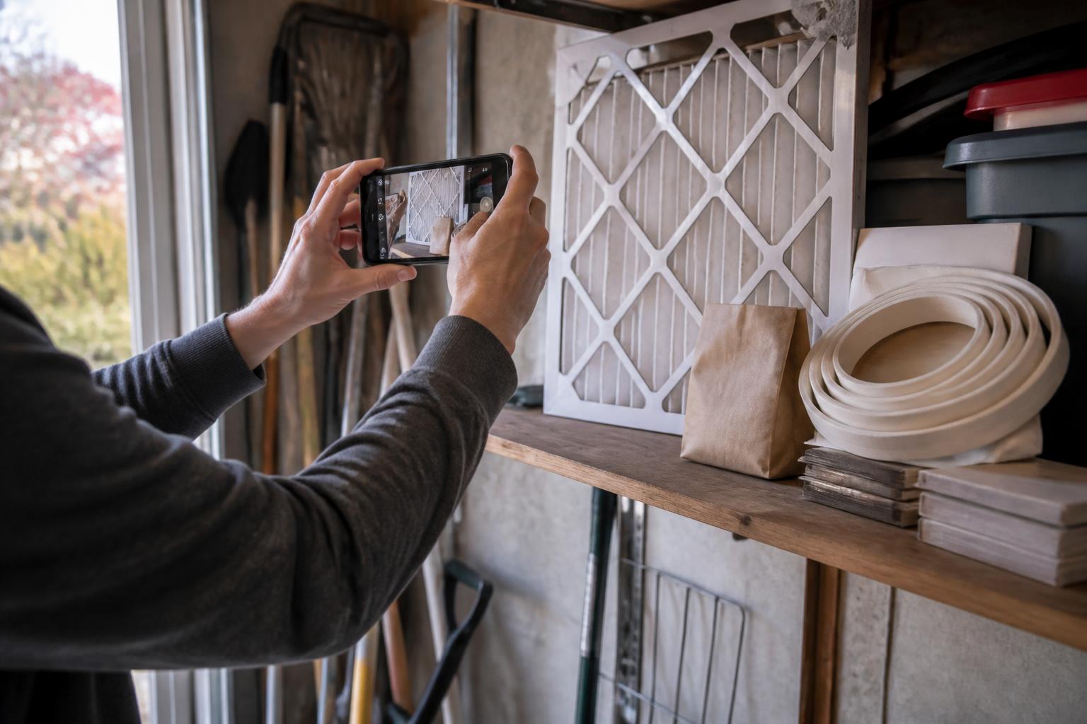 A homeowner photographing energy-saving supplies on a garage shelf.