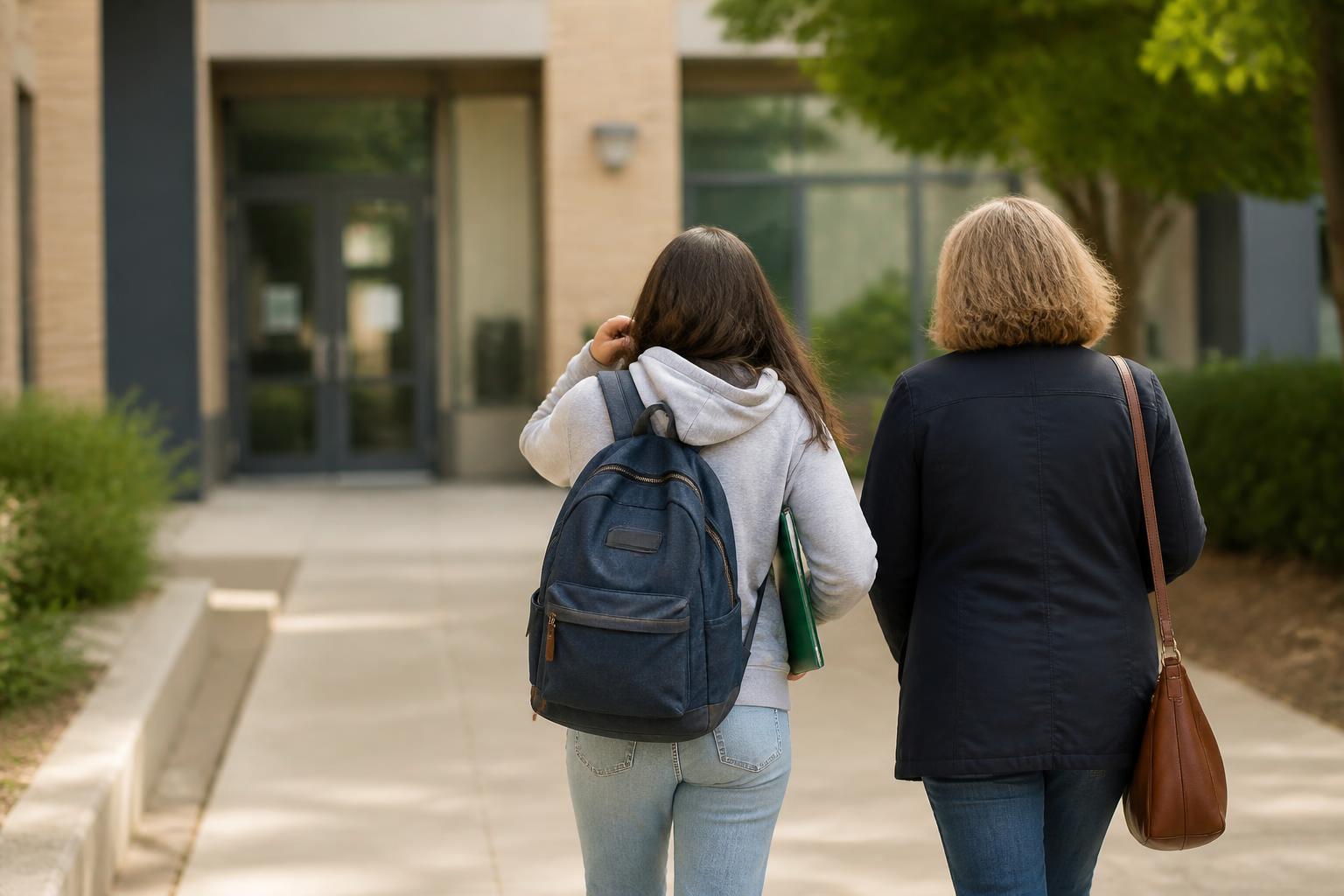 A student and parent walking toward a campus financial-aid office.