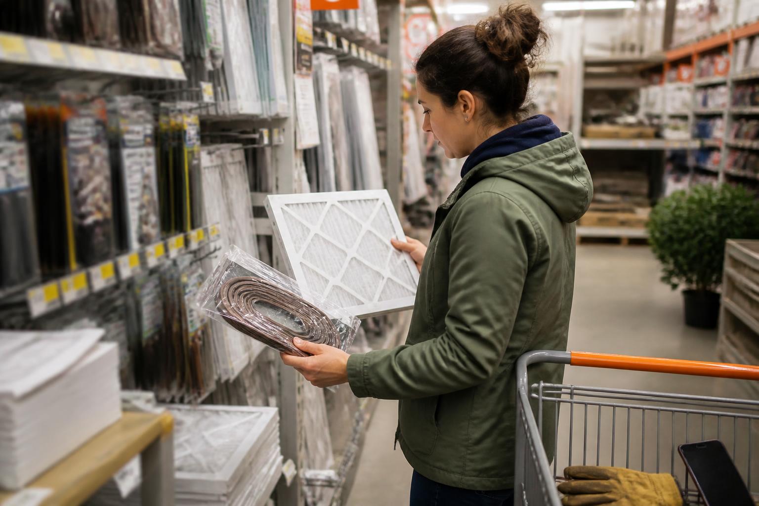 A homeowner comparing energy-saving supplies in a hardware aisle.