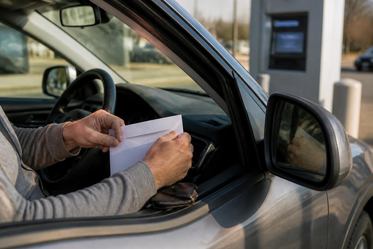 A self-employed worker preparing a plain payment envelope in a credit-union drive-up lane.