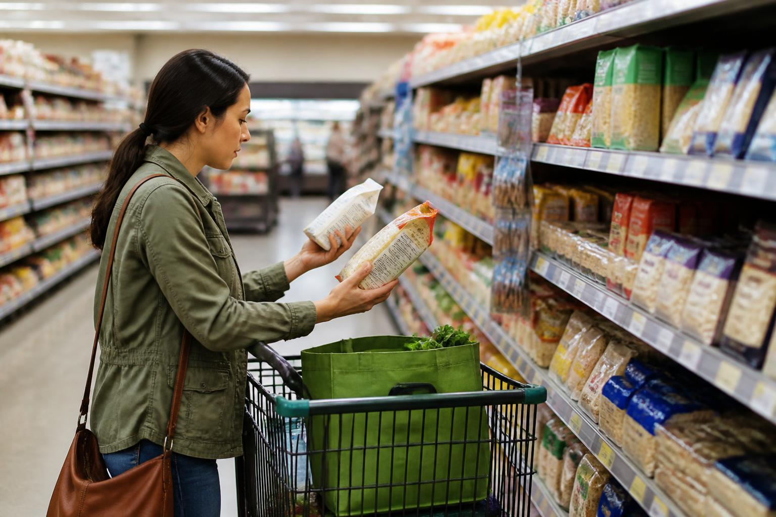A shopper comparing grocery staples during a May budget check.