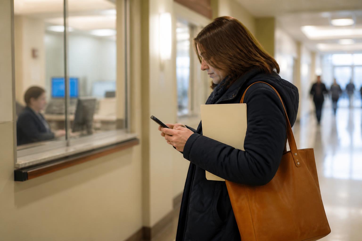 A patient pausing in a clinic hallway before choosing medical-bill payment options.