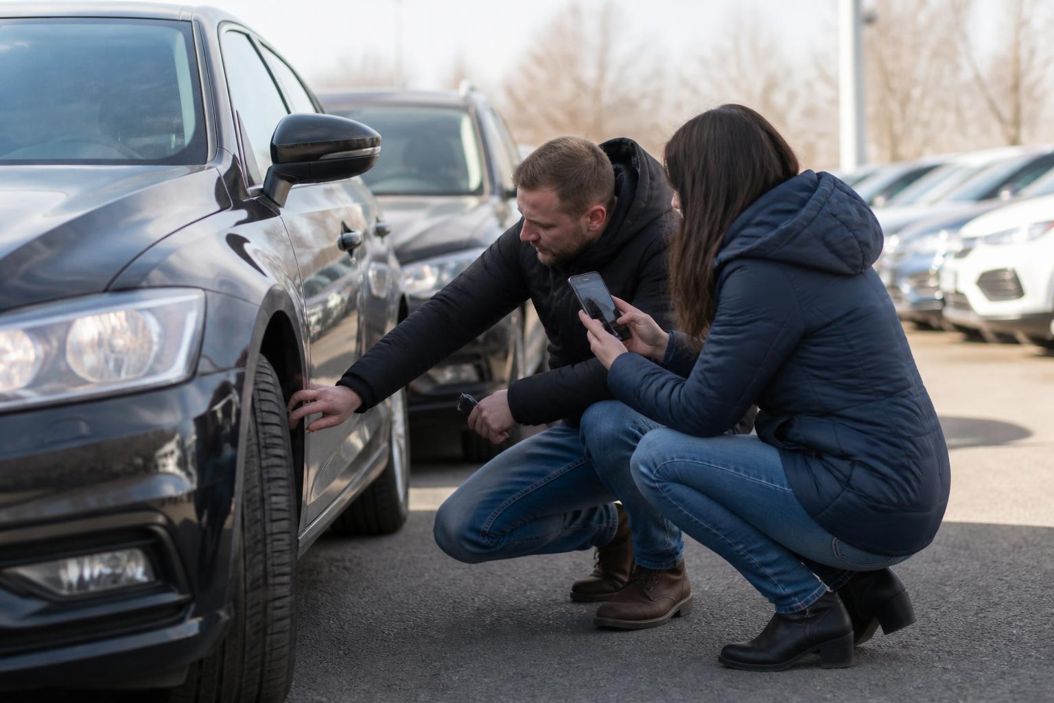 A buyer inspecting tire wear at a used-car lot.