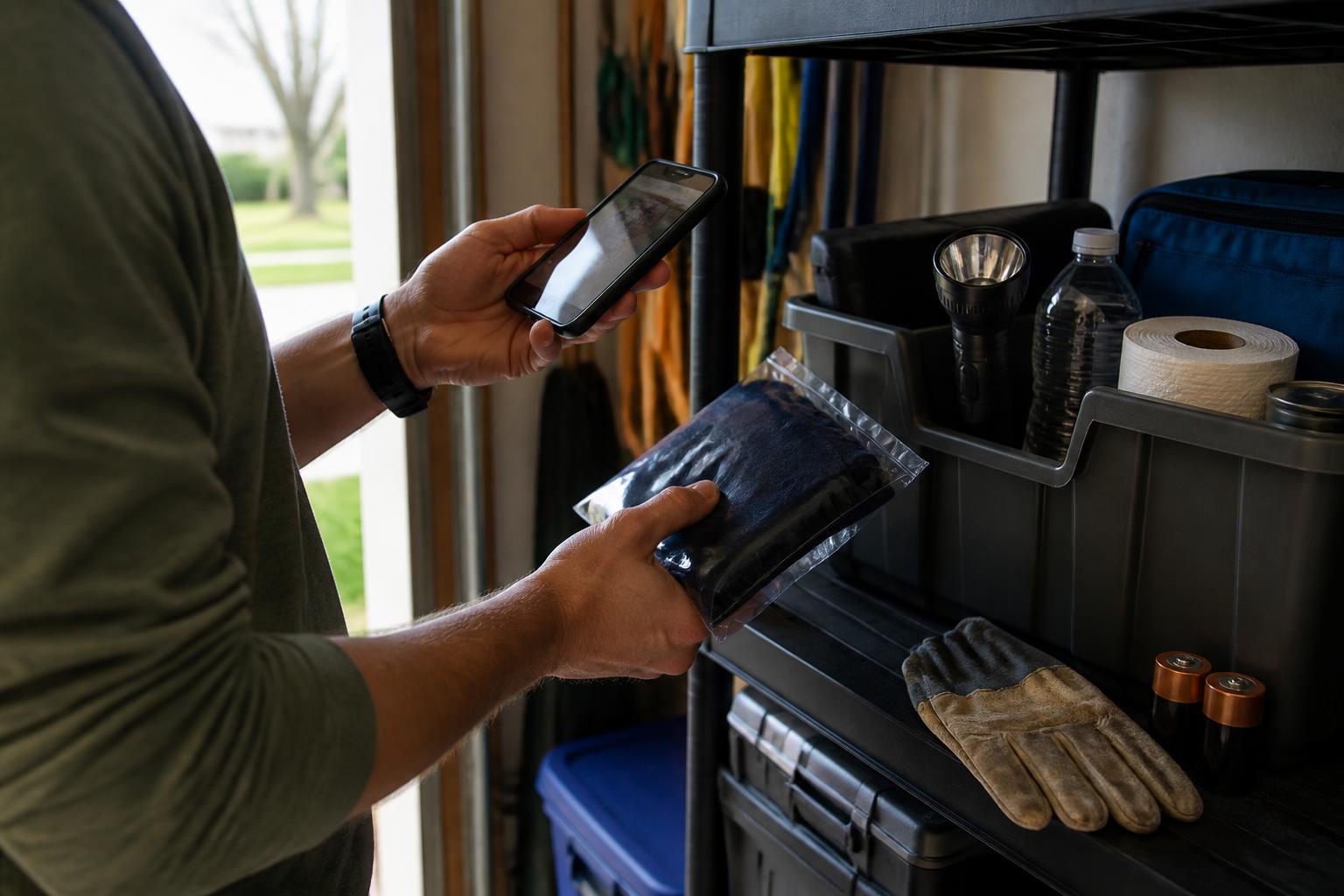 A homeowner photographing a storm-prep kit in a garage.