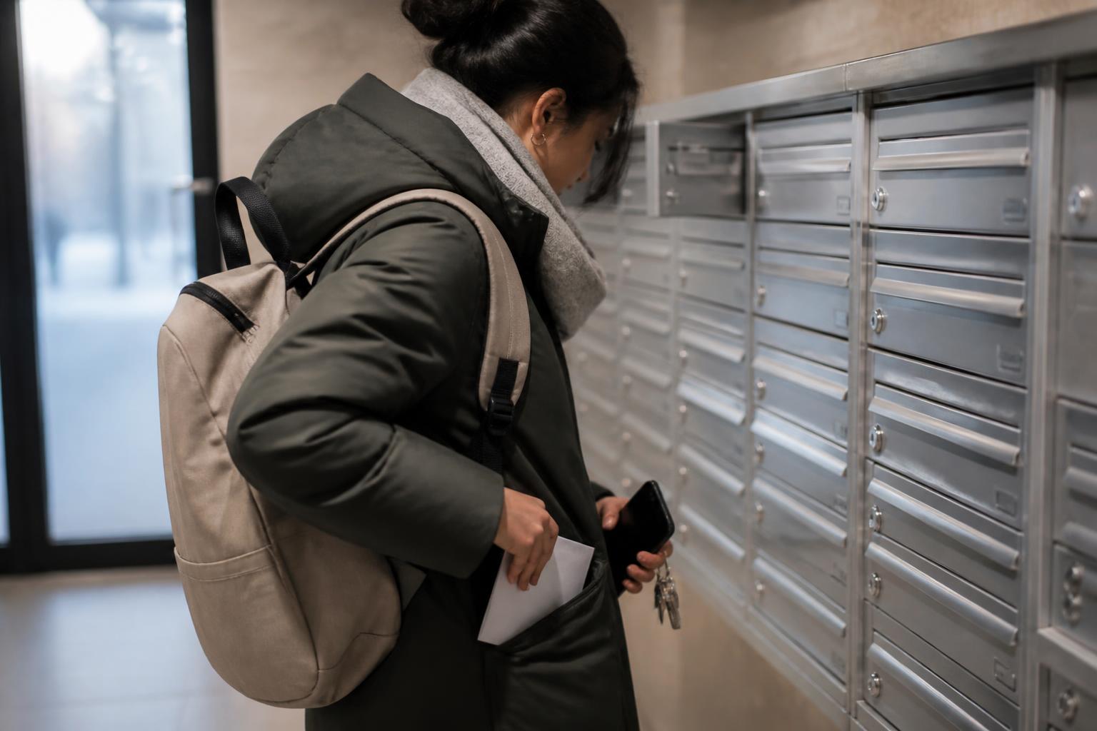 A borrower checking apartment mail before reviewing student-loan repayment details.