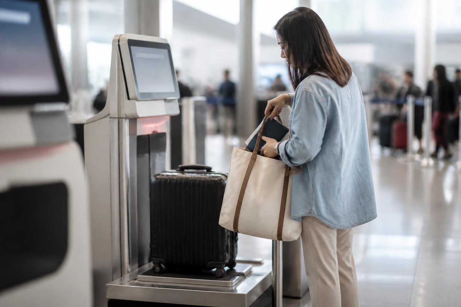 A traveler weighing a carry-on before summer booking.