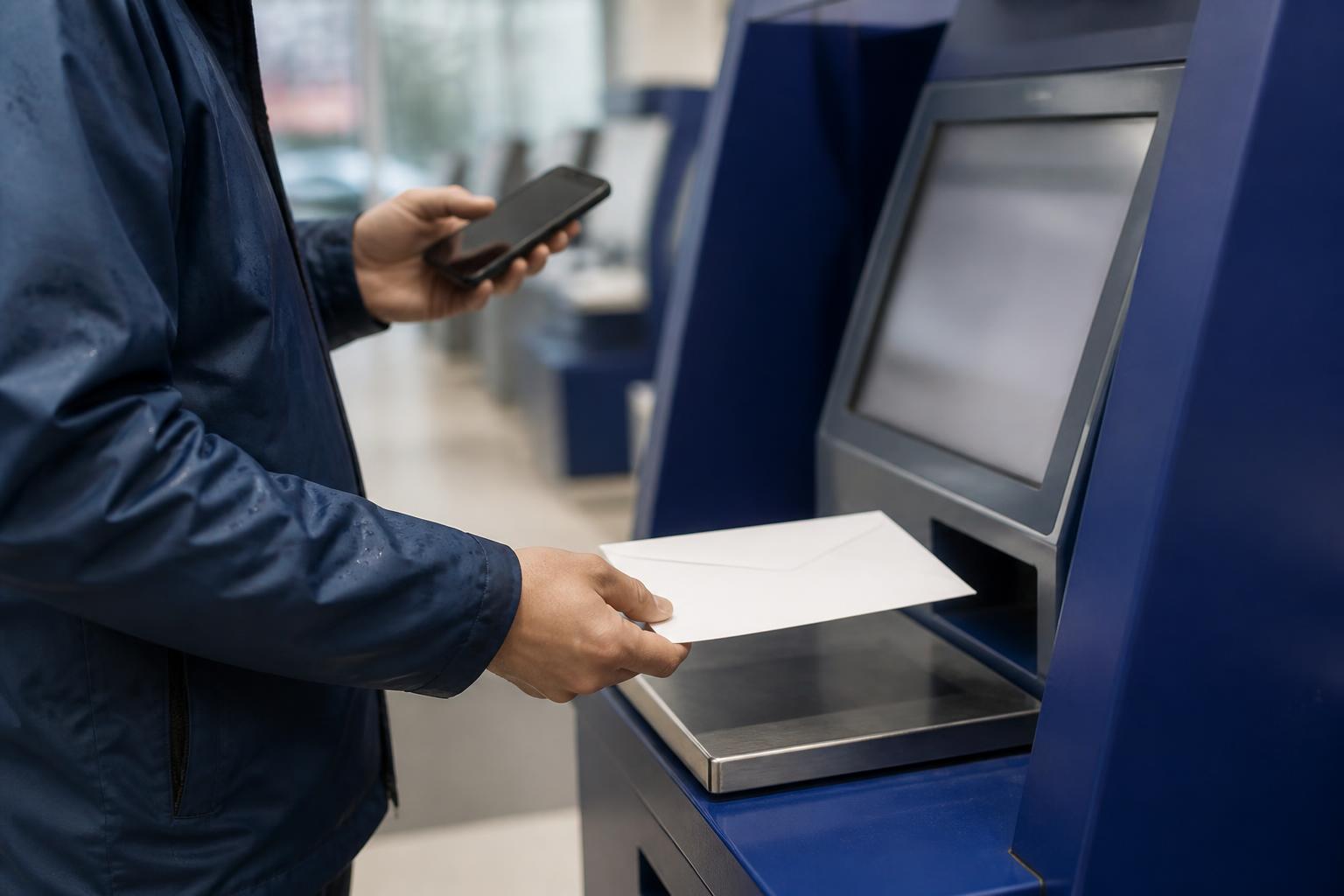 A taxpayer weighing a sealed envelope at a post office kiosk.