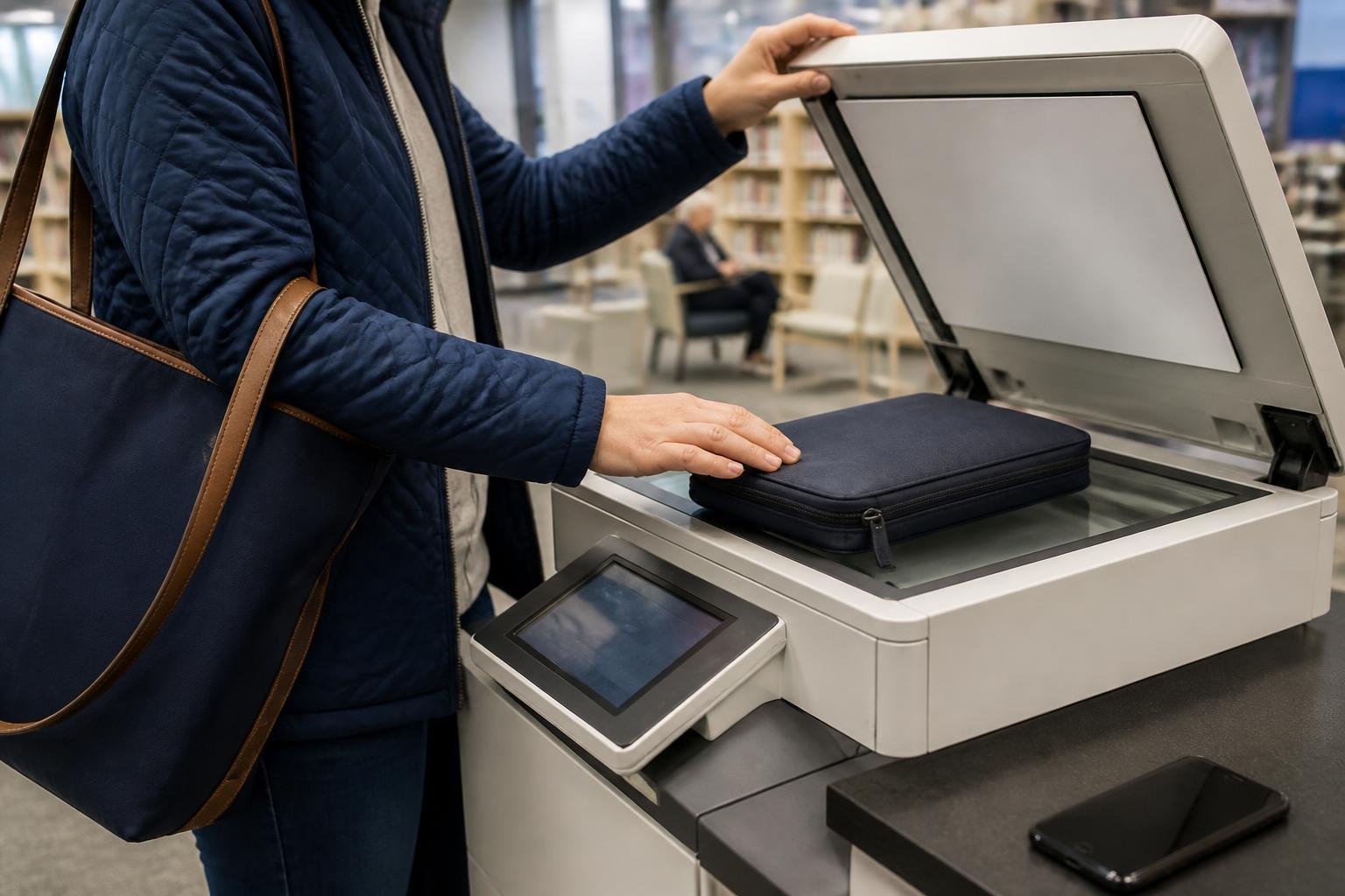 A taxpayer scanning tax records at a public library copier.