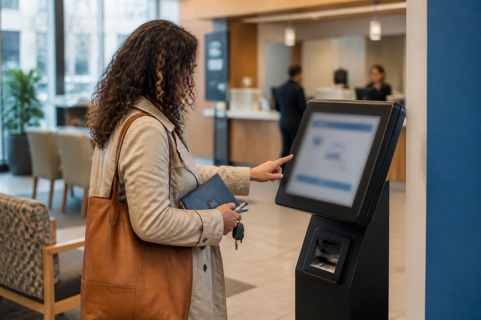 A saver comparing account options in a credit-union lobby.
