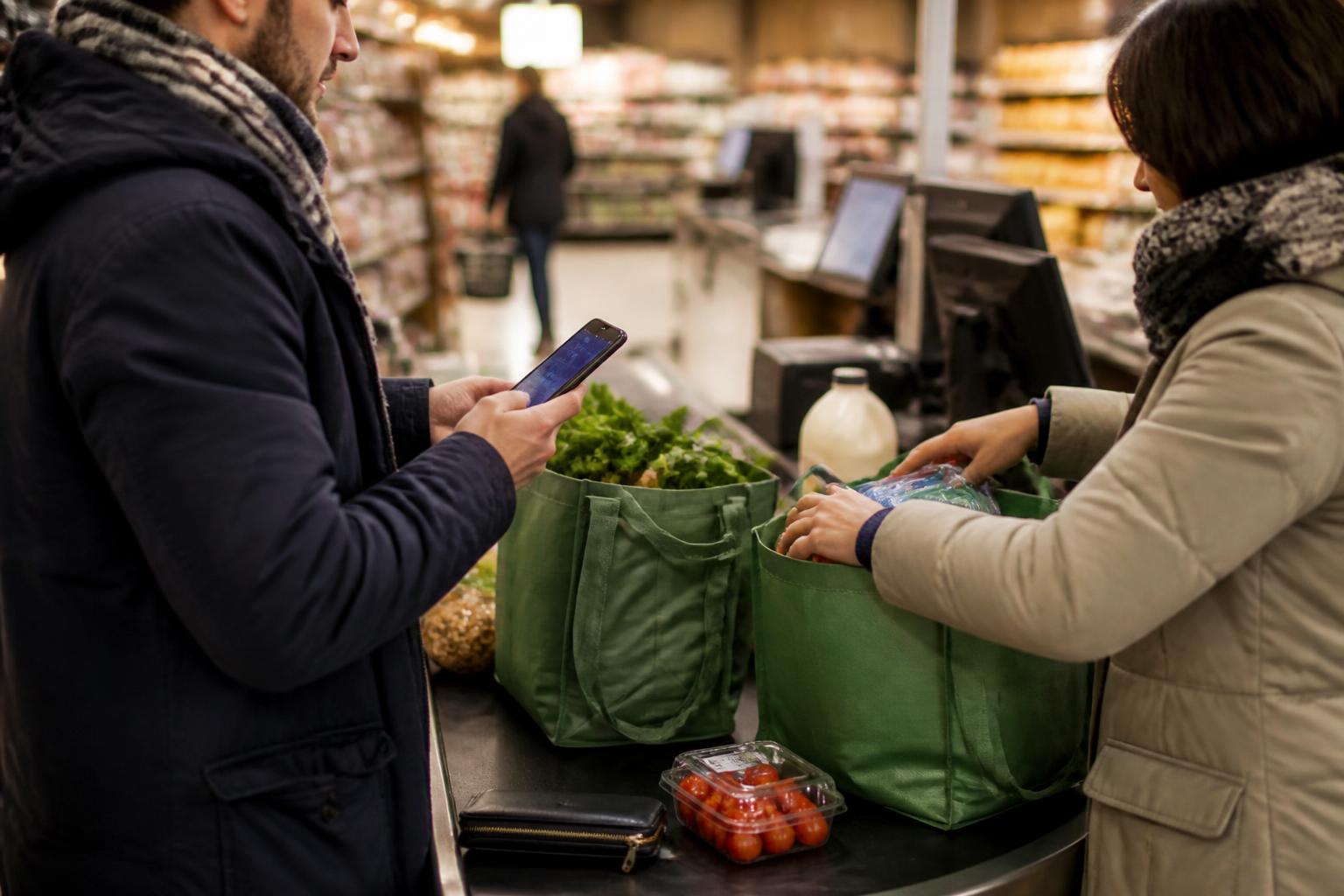 Two adults dividing groceries while checking a shared-spending alert.