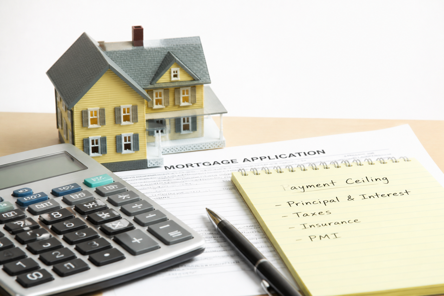 A house model, calculator, and mortgage paperwork.