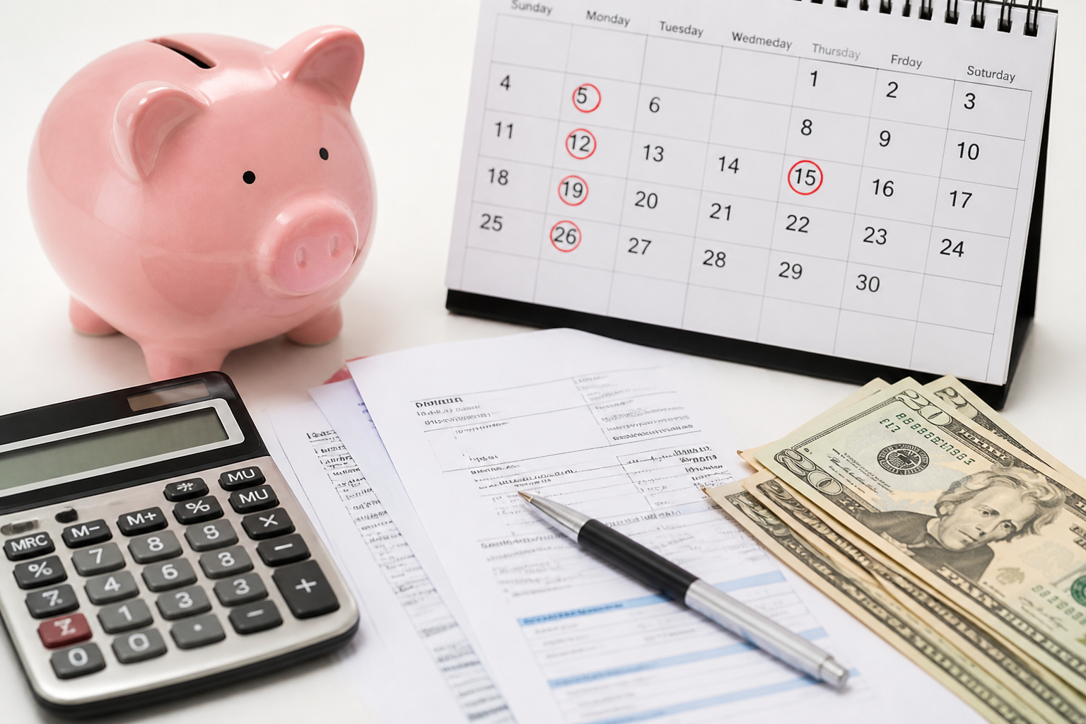 A piggy bank sitting on cash for a budget planning story.