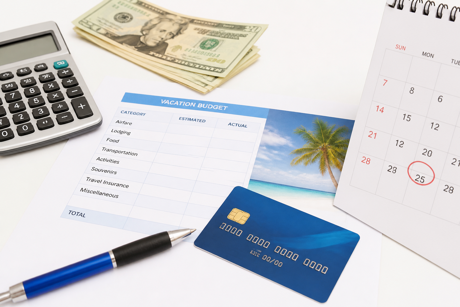 Dollar bills, a calculator, and credit cards arranged on a desk.